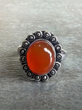 Vintage Boho Silver 925 Ring Size 7.5 Women Statement Jewelry Carnelian Gemstone